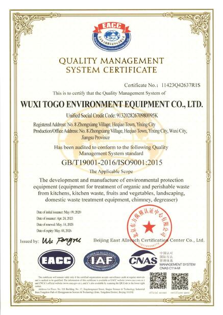 China WuXi TOGO Environment Equipment Co., Ltd. certification