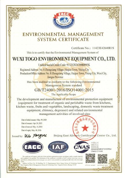 China WuXi TOGO Environment Equipment Co., Ltd. certification
